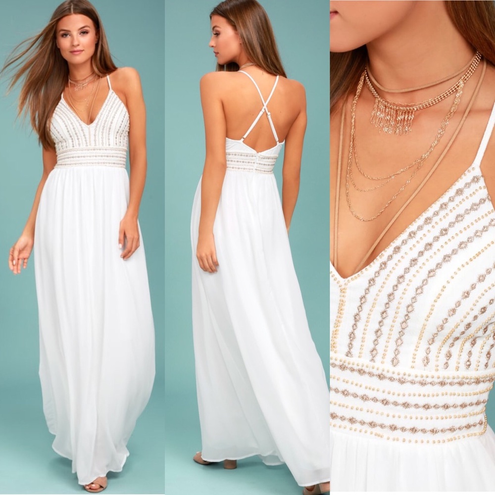 Lulus Meet Me In Madrid White Beaded Maxi Dress